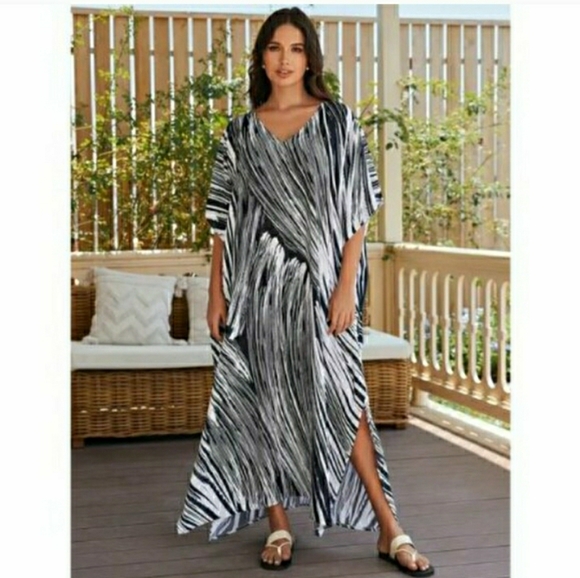 Kaftan Dress Swimsuit Coverup Maxi Black White Abstract Lounge XL 🤍 NEW - Picture 5 of 8